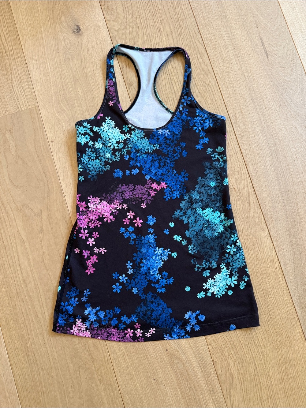 lululemon athletica Black Floral Racerback Tank with Blue, Teal & Pink Accents